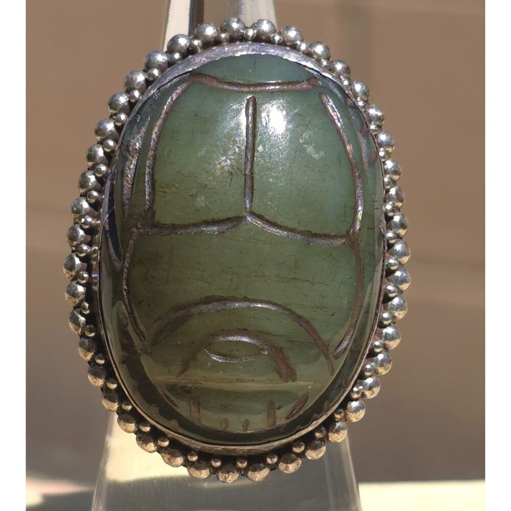 Vintage Green Scarab Ring Sterling Silver Beaded Size 6 Intricate Statement - Picture 4 of 13